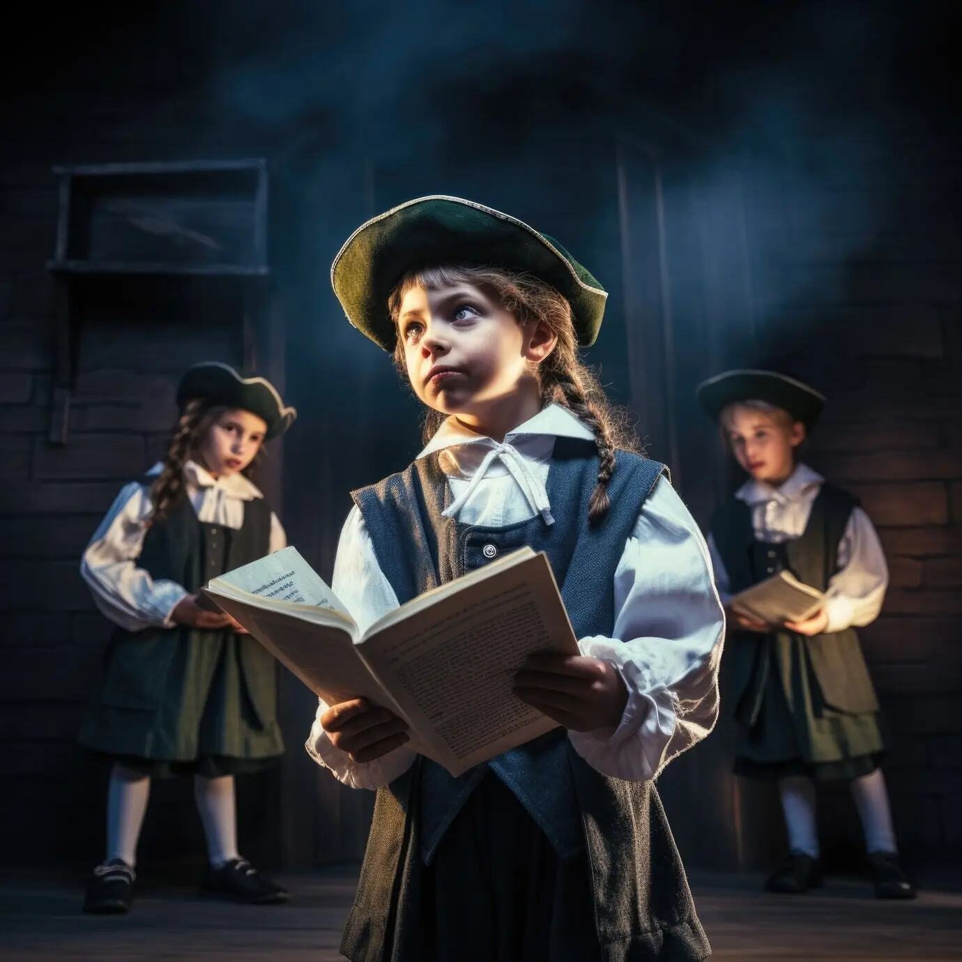 Kinder führen auf der Bühne ein Theaterstück zum Worttheatertag auf.