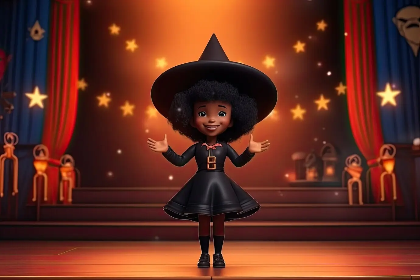 Ganzkörperaufnahme eines als Hexe verkleideten Mädchens.